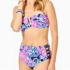 Lilly Pulitzer Rumy Lattice Side High Waist Bikini Bottom Navy Turtle Amazement